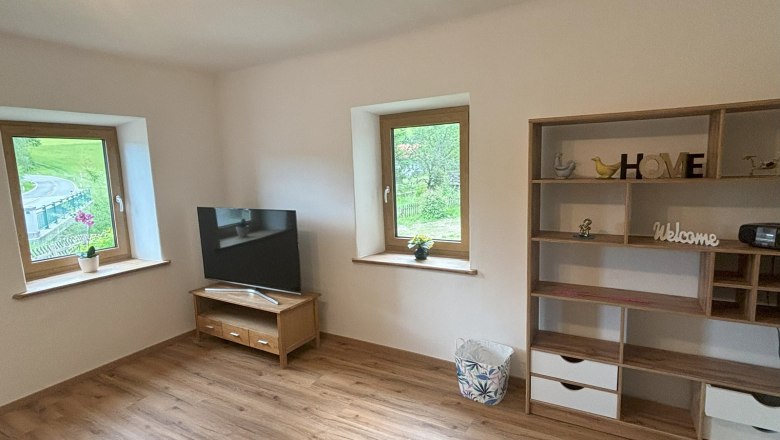 Wohnzimmer, © Michael Hofer Ein Wohnzimmer mit Holzfußboden, einem Fernseher auf einem Tisch, zwei Fenstern und einem Regal mit Dekorationen.