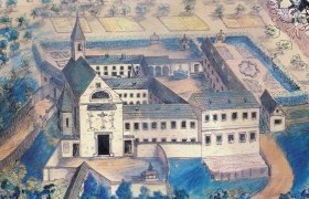 Pfarrkirche Katzelsdorf, © Kupferstich Historische Zeichnung der Pfarrkirche Katzelsdorf mit umliegenden Gebäuden und Gärten.