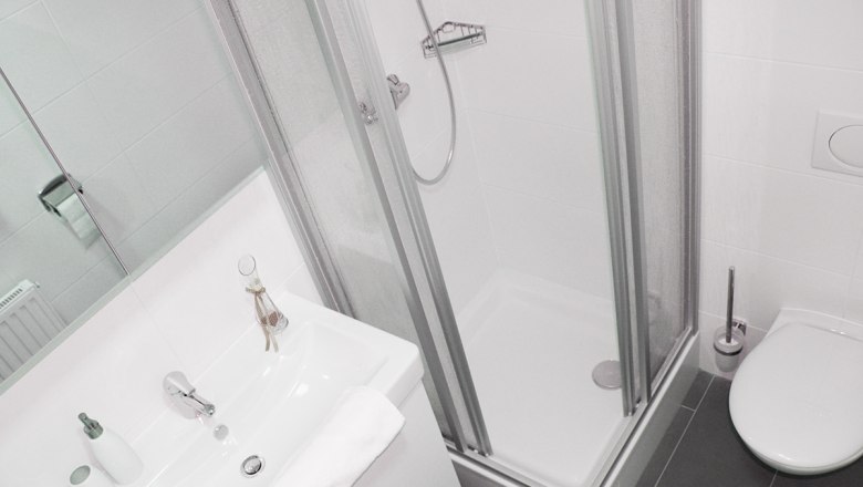 Arbeiterquartier UHL, © Arbeiterquartier UHL Modernes Badezimmer mit Dusche, Waschbecken und Toilette.