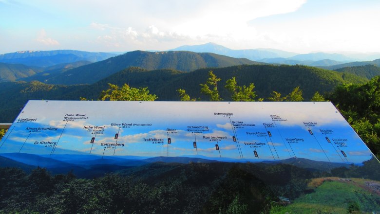 Aussicht Infotafel, © Stefanie Rysavi Panorama von der Aussichtsplattform Enzianhütte mit Infotafel der umliegenden Berge.