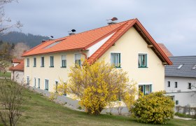 Feriennest Zehetbauer, © heiter-weiter.at/Karl Stangl Gelbes Haus mit rotem Dach und blühendem Strauch im Vordergrund.
