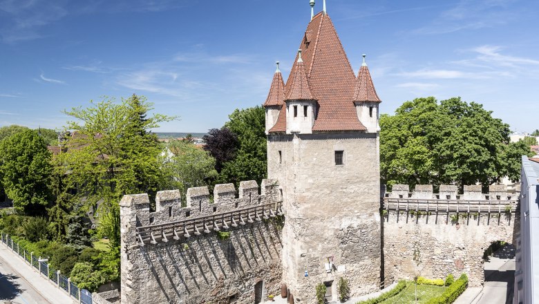 Privatmuseum "Feuerwaffen einst und jetzt" im Reckturm, © Wiener Alpen, Foto: Franz Zwickl Reckturm mit rotem Dach und Steinmauer, umgeben von Bäumen und Straßen.