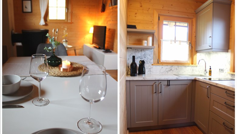 Küche und Essbereich, © Familie Auer Gemütliche Küche und Essbereich in einem Holzhaus mit moderner Einrichtung und warmem Licht.