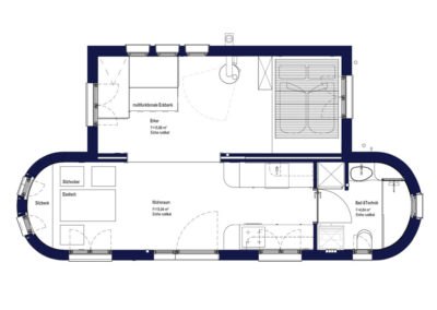 Huberto modular house, © Carina Rebler Floor plan of an oval modular house with kitchen, bathroom, living and sleeping area.