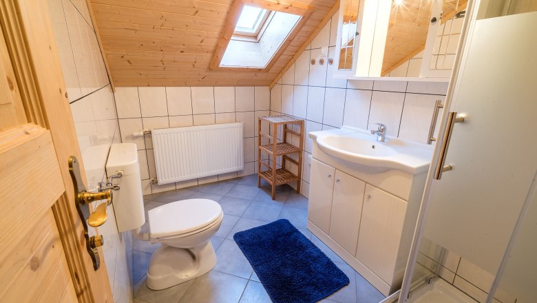 Wohnung "Sonnenschein" Badezimmer, © Familie Morgenbesser Badezimmer mit Dachschräge, Waschbecken, Toilette, Dusche und blauem Teppich.
