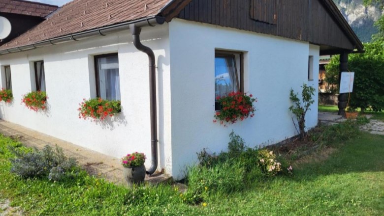 Leo-Hof Ferienwohnung Kathi, © Leo-Hof/Sandra Reinisch Weißes Haus mit roten Blumen in Blumenkästen vor den Fenstern, grüne Wiese im Vordergrund.