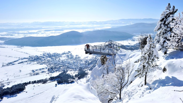 Naturpark Hohe Wand, © Naturpark Hohe Wand/Robert Herbst Winterlandschaft im Naturpark Hohe Wand mit schneebedeckten Bäumen und Aussichtspunkt.