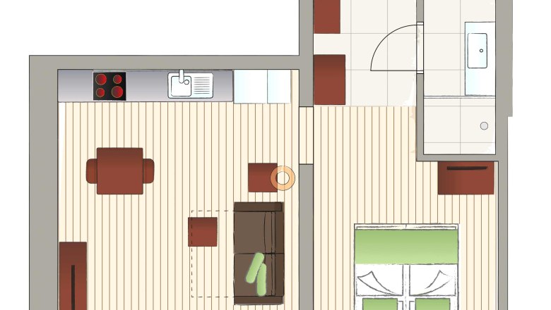 Grundriss Top 12, © Mattone GmbH Grundriss einer kleinen Wohnung mit Wohnbereich, Küche, Bad und Schlafzimmer.
