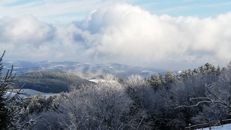 Ausblick, © Familie Weibels Winterlandschaft mit schneebedeckten Bäumen und Hügeln unter blauem Himmel mit Wolken.