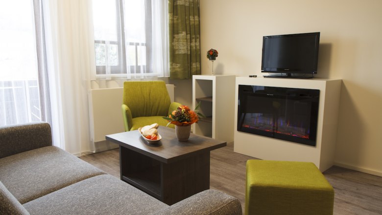 Appartment Wohnbereich, © Vitalzeit Hotel Weber Moderner Wohnbereich mit Sofa, grünem Sessel, Couchtisch, Kamin und Fernseher.