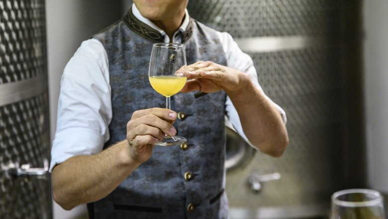 Qualitätsmost, © Most Michl Person in traditioneller Kleidung hält ein Glas mit Most in der Hand