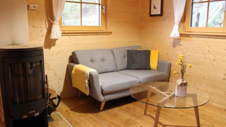 Wohnzimmer, © Fam. Auer Gemütliches Wohnzimmer mit grauem Sofa, Holzwänden, Kamin und Glastisch.