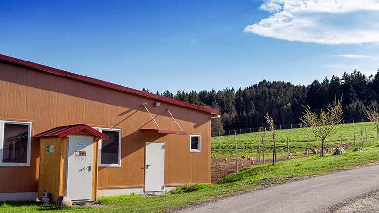 Organic Eierhof Holzbauer - Egg vending machine, © Sooo gut schmeckt die Bucklige Welt/ Viktoria Kornfeld A brown building with an egg vending machine on a green meadow under a blue sky.