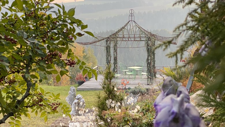 romantische Eindrücke im Ecolution.Lab, © Bernd Hochwartner Ein romantischer Garten mit Pavillon, grünen Stühlen und Tisch, umgeben von Bäumen und Blumen.