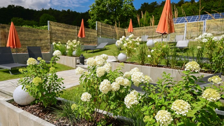 Terrassengarten, © TheVerve-Agentur (theverve.at) Terrassengarten mit weißen Blumen, Liegestühlen und orangefarbenen Sonnenschirmen.