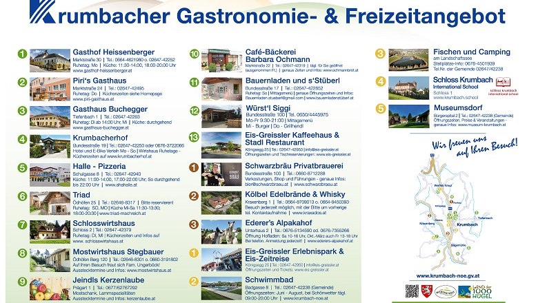 Gastronomie in Krumbach, © Gemeinde Krumbach Informationsblatt über Gastronomie und Freizeitangebote in Krumbach mit Adressen und Bildern von Restaurants und Sehenswürdigkeiten.