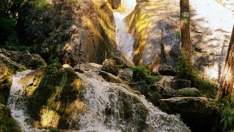 Sebastian waterfall, © Wiener Alpen/Zeleny A waterfall flows over rocks in a wooded area.
