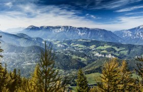 Ausblick vom Sonnwendstein, © Niederösterreich Werbung, Michael Liebert Panoramablick vom Sonnwendstein auf bewaldete Hügel und Berge unter blauem Himmel.