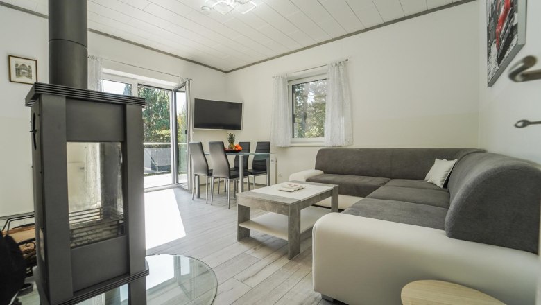 Wohnzimmer Apartment 2, © Michaela Narath Modernes Wohnzimmer mit Kamin, grauem Sofa, Esstisch und großem Fenster.