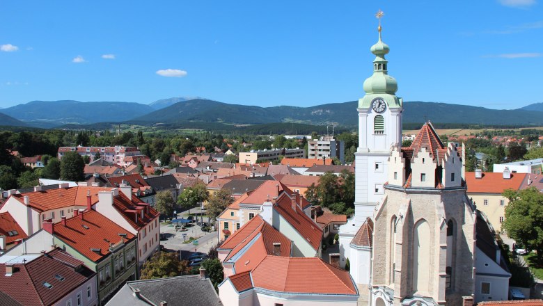 Blick auf Neunkirchen, © Stadtgemeinde Neunkirchen Panoramablick auf Neunkirchen mit Kirche und Bergen im Hintergrund.