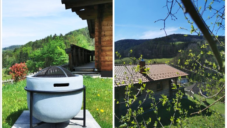 Garten, © Fam. Auer Zwei Bilder eines Gartens mit einem Holzhaus und einer Feuerschale.