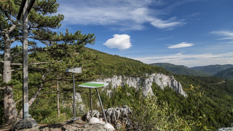 Blickplatz Hausstein, © Wiener Alpen, Foto: Franz Zwickl Aussichtspunkt mit Infotafel und Kreuz auf einem Felsen, umgeben von Wald und Bergen unter blauem Himmel.