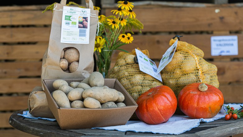 Potatoes, © Martina Siebenhandl Potatoes, pumpkins and a vase of yellow flowers on a round wooden table.