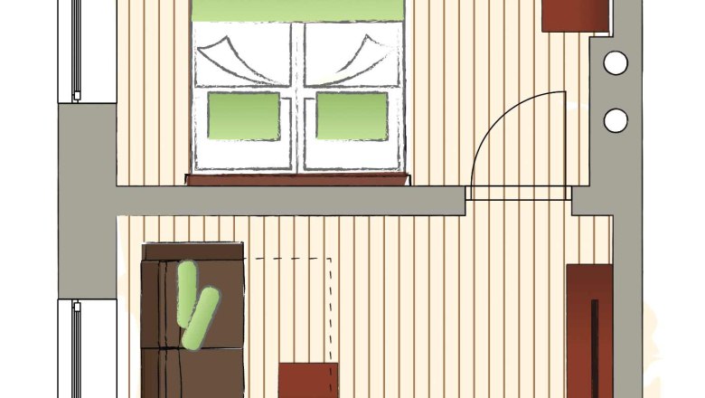 Grundriss Top 11, © Mattone GmbH Grundriss einer Wohnung mit Küche, Wohnzimmer und Bad.