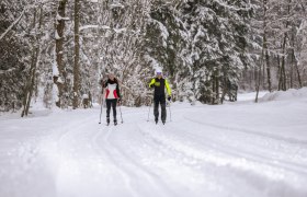 Mühlenloipe Hochneukirchen, © Wiener Alpen, Martin Fülöp Zwei Personen beim Skilanglauf auf einer verschneiten Waldloipe.