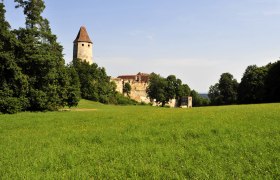 Burg Seebenstein, © POV Burg Seebenstein mit Turm und grüner Wiese im Vordergrund.