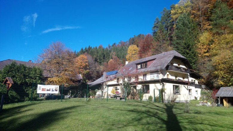 Hausansicht, © Familie Kellner Ein großes Haus mit Schrägdach in einer herbstlichen Waldlandschaft.