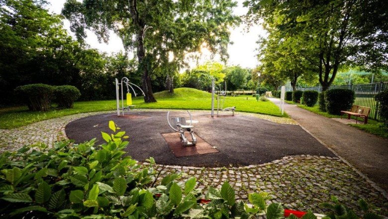 Generationenpark & Volleyball, © Gemeinde Wimpassing Ein Park mit Fitnessgeräten und Bäumen im Hintergrund.
