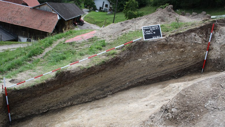 Fine layers of an ore processing heap in the archaeological excavation, © Landessammlungen Niederösterreich Excavation with visible layers of earth and measuring rods.