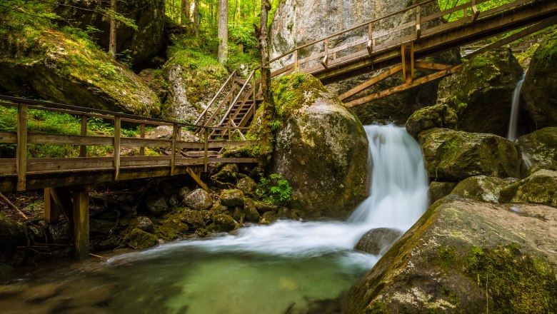 Myra Falls Muggendorf, © Wiener Alpen/Christian Kremsl Waterfall with wooden bridges and steps in a wooded area.