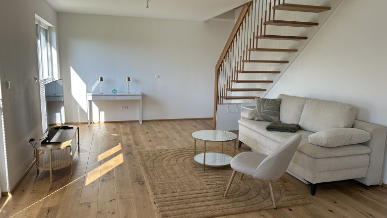 Tiny House, Feigenterrasse am Semmering, © Stupbacher Modernes Wohnzimmer mit Holztreppe, Sofa, Sessel und Couchtisch auf Holzboden.