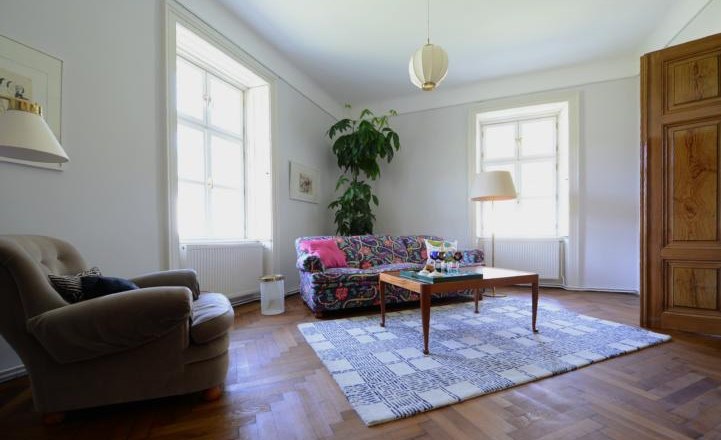 Apartment G4 im Gerhardthof Reichenau, © Gerhardthof Reichenau Wohnzimmer mit buntem Sofa, Sessel, Teppich und Pflanzen.