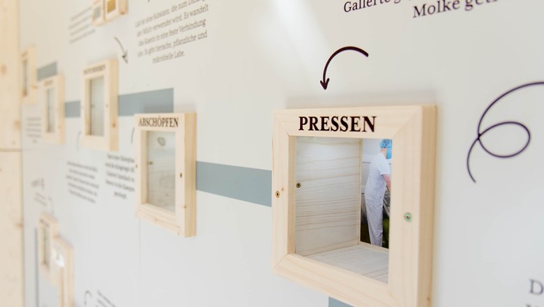 Ziegenpanorama - Erlebnisbereich, © Sooo gut schmeckt die Bucklige Welt/Viktoria Kornfeld Eine weiße Wand mit Beschriftungen und Holzrahmen, durch welche man in den Produktionsbereich einer Käserei schauen kann.