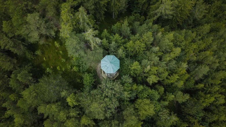 Double rider viewing platform, © NÖW/Robin Uhte Aerial view of a lookout point in the forest.