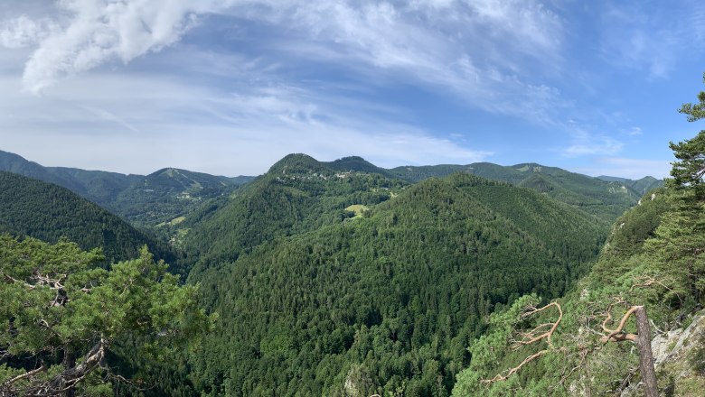 Semmering Blick Weinzettlwand, © Tourismusverband Semmering-Rax-Schneeberg Panoramablick auf bewaldete Hügel und blauen Himmel nach Semmering