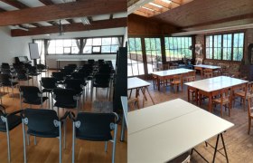 feistritzcombo2cwia_juste, © Wiener Alpen Zwei Räume mit Stühlen und Tischen, einer für Präsentationen, der andere für Gruppenarbeit.