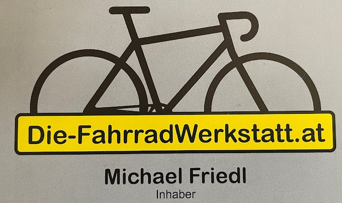 die FahrradWerkstatt, © die FahrradWerkstatt Logo der FahrradWerkstatt mit Fahrrad-Silhouette und gelbem Banner.