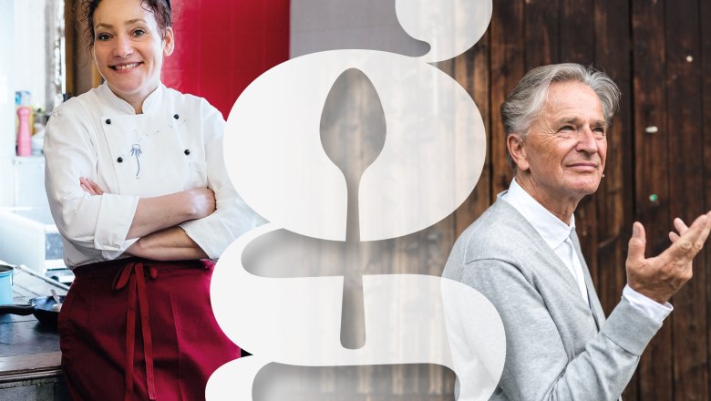 Kräuterwirtin Gerda Stocker mit Autor, Erzähler und Märchendichter Folke Tegetthoff, © Nicole Heiling, Nikolaus Pfusterschmid Eine Frau in Kochkleidung und ein Mann in grauem Pullover stehen nebeneinander, getrennt durch ein großes, stilisiertes G-Symbol.