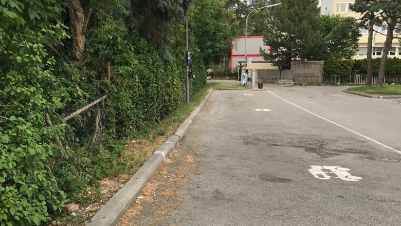 Camping pitch, © Birgit Rada-Tomasin Parking lot with trees and a building in the background.