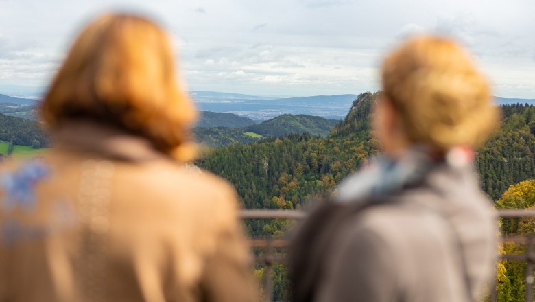 Ausblick von der Dachterrasse, © Wiener Alpen - Kremsl Zwei unscharfe Personen blicken auf eine bewaldete Berglandschaft mit Fernsicht.