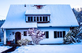 Landhaus im Winter, © Peter Wochesländer Ein verschneites Landhaus mit schneebedecktem Dach und Garten im Winter.
