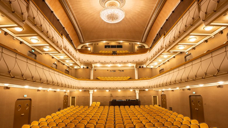 Bühnenblick: Stadttheater Wiener Neustadt – elegant und einladend, © Alex Schwarz Photography Blick vom Balkon auf die Bühne des Stadttheaters Wiener Neustadt mit edlem Parkett und historischen Logen