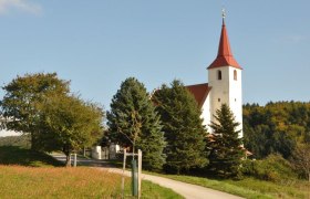 Pfarrkirche Ofenbach mit rotem Turmdach, umgeben von Bäumen und Wiesen.