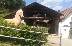 Eingang zum Haflingerhof mit Pferdestatue und Holzdach.