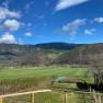 Blick von einer Terrasse auf grüne Felder und bewaldete Hügel unter blauem Himmel mit Wolken.