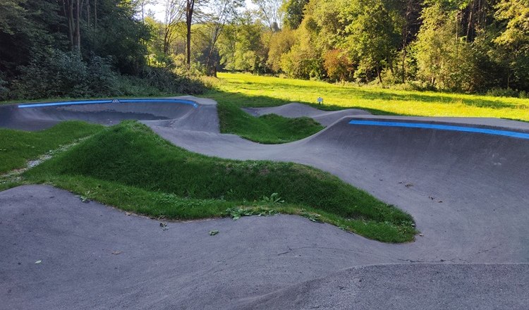 Pumptrack in Bad Schönau mit grüner Umgebung und Bäumen im Hintergrund.